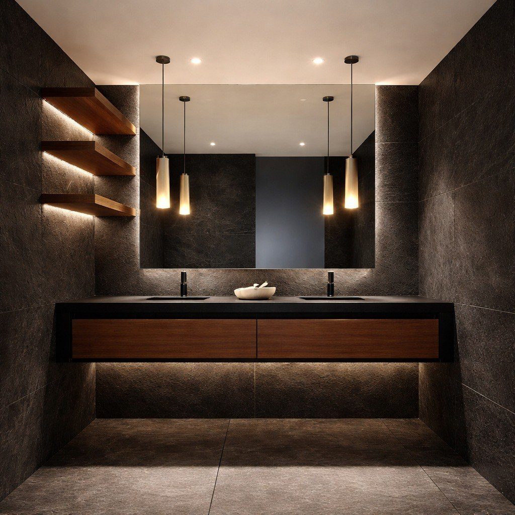 AVIVIA Bosque Real — Walk-in closet y baño de autor en mármol y nogal con vista panorámica, diseño Sayegh Studio